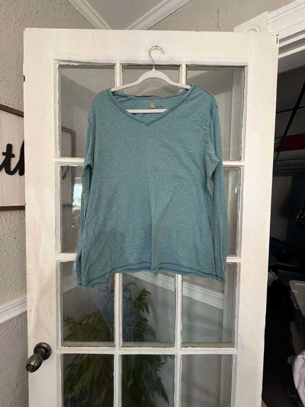Carhartt Long Sleeve V-Neck Shirt Size XL (16-18) Blue Green